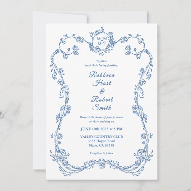 Invitación Floral Border French Toile Blue Invitation 03 (Anverso)