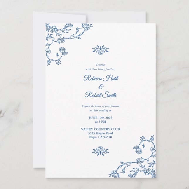 Invitación Floral Border French Toile Blue Invitation 04 (Anverso)