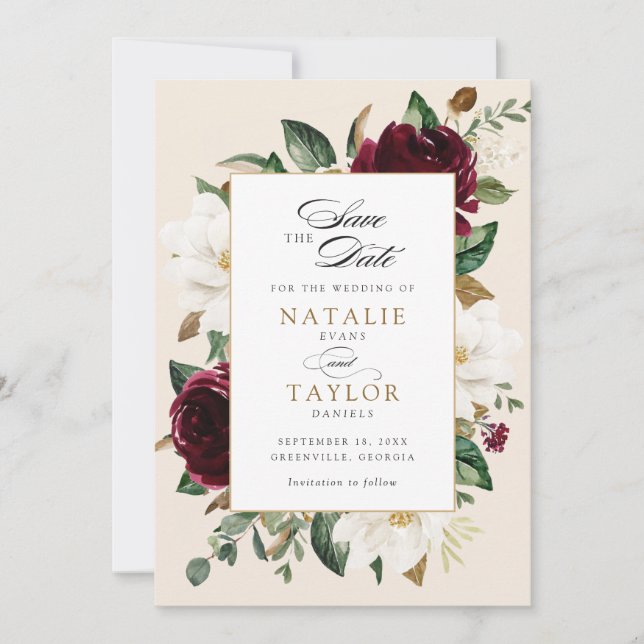 Invitación Floral Borgoña Beige Magnolia Elegante Save Date (Anverso)
