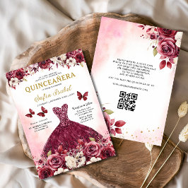 Invitación Floral Borgoña Código QR Princesa Quinceanera