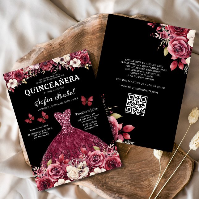 Invitación Floral Borgoña Código QR Princesa Quinceanera (Subido por el creador)