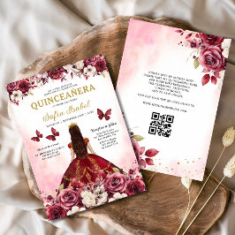 Invitación Floral Borgoña Código QR Princesa Quinceanera