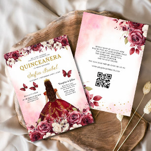 Invitación Floral Borgoña Código QR Princesa Quinceanera
