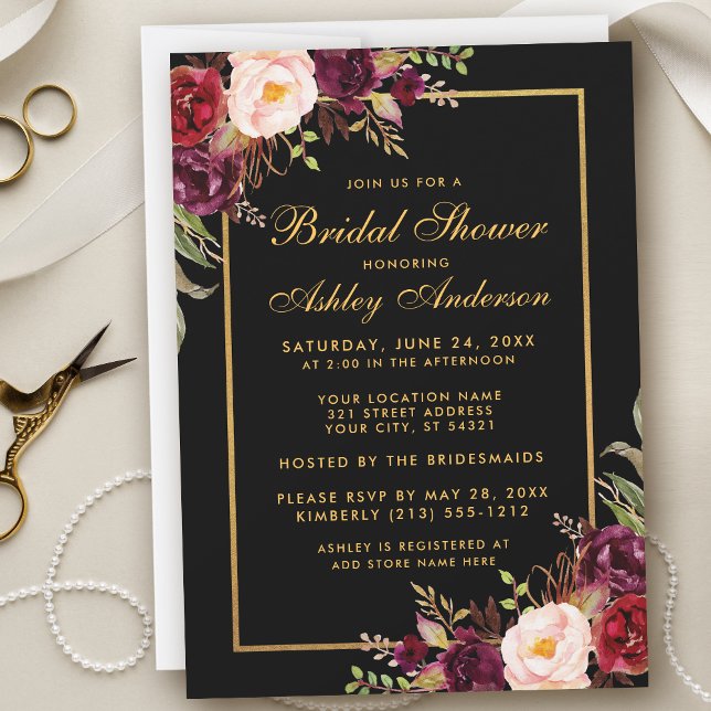 Invitación Floral borgoña ducha de novia de oro negro (Customize to change text color, style, add text & photos to back or change color of back of card.)