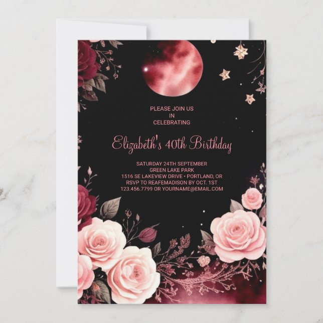 Invitación Floral Borgoña Editable 40 cumpleaños (Anverso)