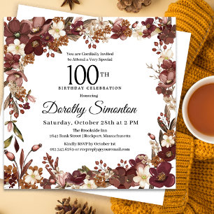 Invitación Floral Borgoña Mauve Ivory Fall 100 cumpleaños