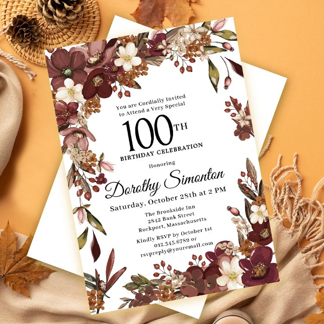 Invitación Floral Borgoña Mauve Ivory Fall 100 cumpleaños (Need a matching fall welcome sign? Party supplies. Message me!)