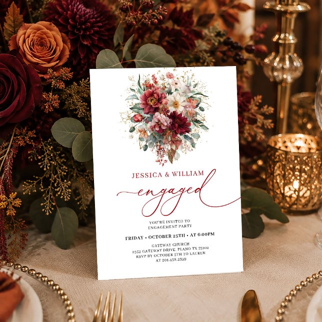 Invitación Floral Borgoña Oro Eucalipto Otoño compromiso  (Floral Burgundy Gold Eucalyptus Autumn engagement invitation card

)