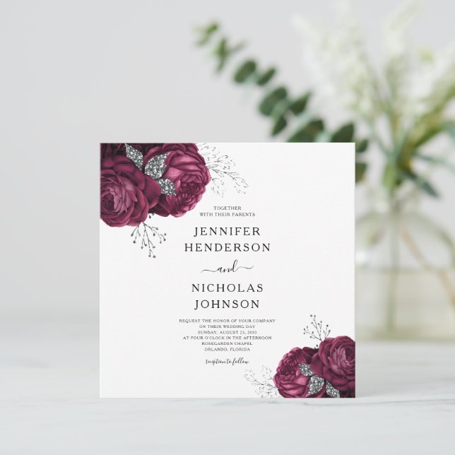Invitación Floral Borgoña Peonies Elegante Boda (Anverso de pie)
