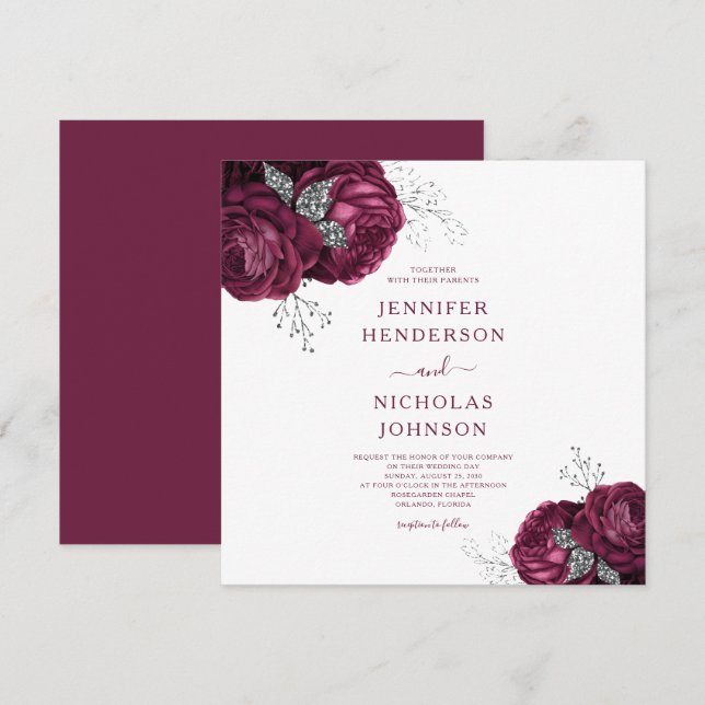 Invitación Floral Borgoña Peonies Elegante Boda (Anverso / Reverso)
