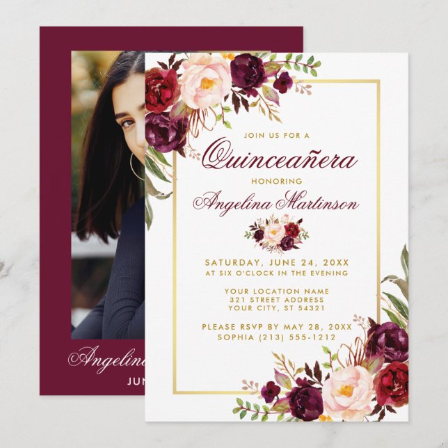 Invitación Floral borgoña Quinceanera Gold Photo Back (Anverso / Reverso)