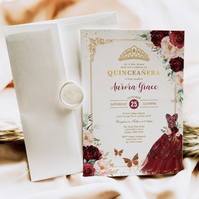 Invitación Floral borgoña Quinceañera Princesa Mis Quince (Subido por el creador)