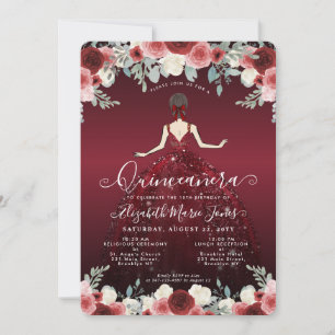 Invitación Floral Borgoña Red Princess Birthday Quinceanera