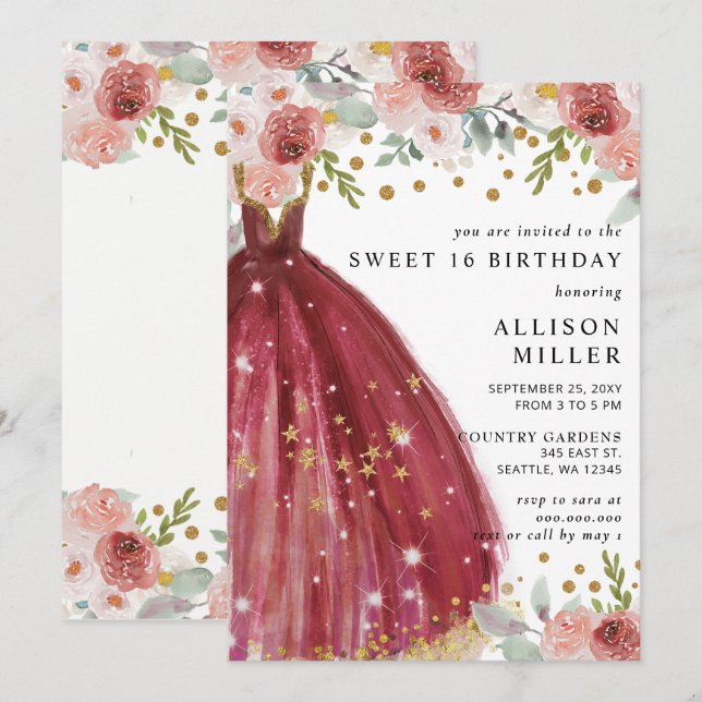 Invitación Floral Borgoña Rojo Dorado Purpurina Vestido Dulce (Anverso / Reverso)