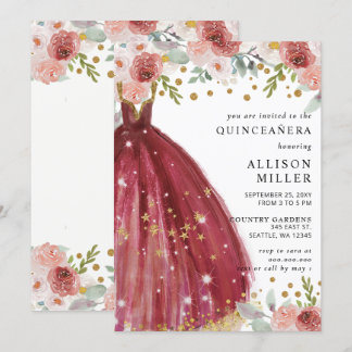 Invitación Floral Borgoña Rojo Dorado Vestido Purpurina QUINC