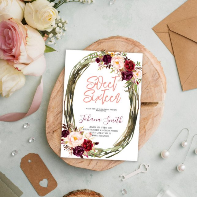 Invitación Floral Borgoña Rosa Dulce Dieciséis cumpleaños 16 (Subido por el creador)