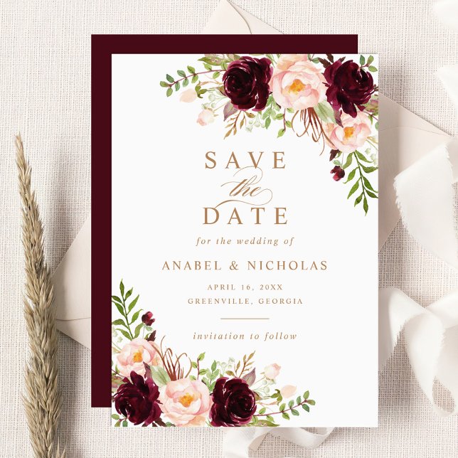 Invitación Floral Borgoña Rubor Elegant Modern Save the Date (Subido por el creador)