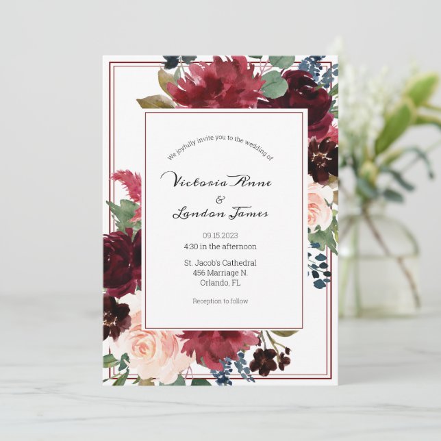 Invitación Floral Borgoña Rubor Elegant Script Boda (Anverso de pie)