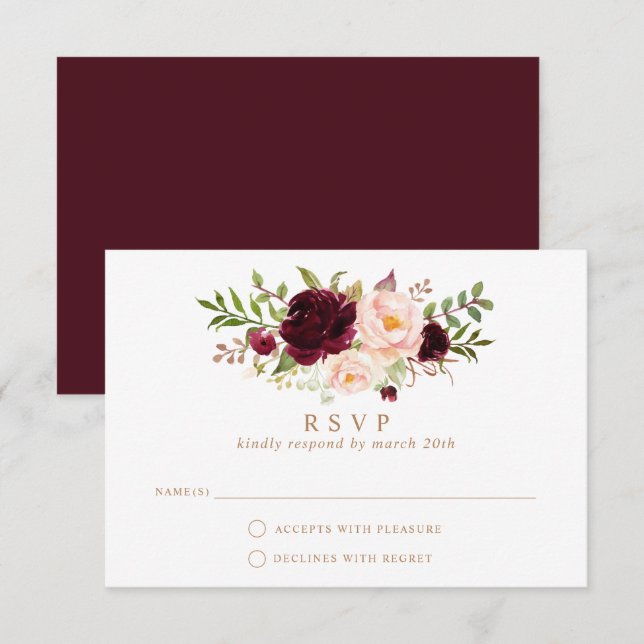 Invitación Floral Borgoña Rubor Elegant Wedding RSVP Responde (Anverso / Reverso)