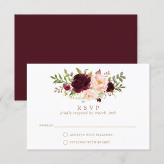 Invitación Floral Borgoña Rubor Elegant Wedding RSVP Responde