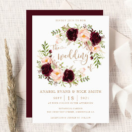 Invitación Floral Borgoña Rubor Elegante Boda de tipografía