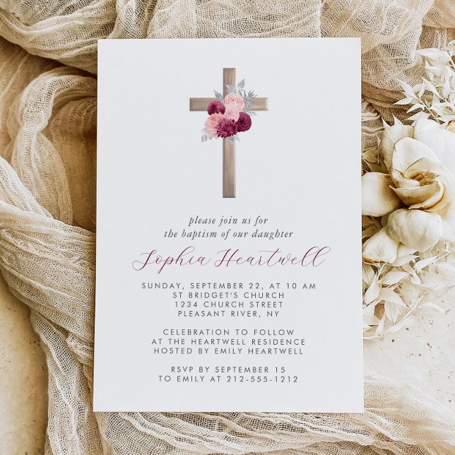 Invitación Floral Borgoña Rubor Silver Cross Chica Bautismo (Subido por el creador)