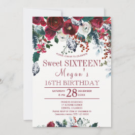 Invitación Floral borgoña verde invierno dulce dieciséis