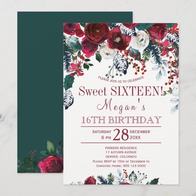 Invitación Floral borgoña verde invierno dulce dieciséis (Anverso / Reverso)