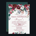 Invitación Floral borgoña verde invierno dulce dieciséis<br><div class="desc">Floral elegante moda dulce de dieciséis / 16º cumpleaños plantilla de invitación de fiesta con un grupo de rosas de peones borgoñones rojos con ramas de abetos de invierno de pino verde y follaje. Rellene su información en los puntos, Puede elegir su personalizar para cambiar aún más el color de...</div>