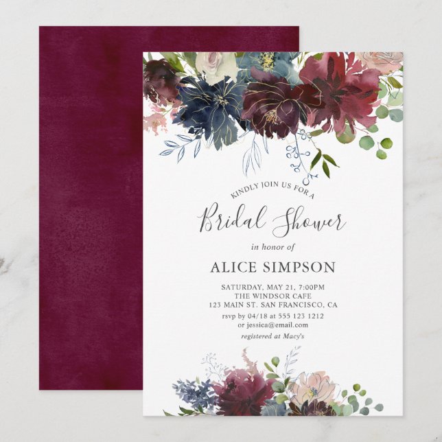 Invitación Floral Borgoña Y Ducha Azul Bridal De La Marina (Anverso / Reverso)