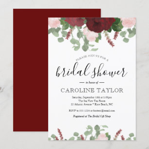 Invitación Floral borgoña y ducha de novia rosa Rubor