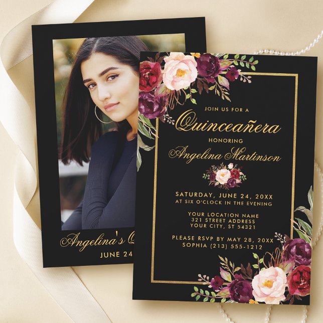 Invitación Floral borgoñona Quinceanera Black Gold Photo Back (Customize to change text size or text style.)