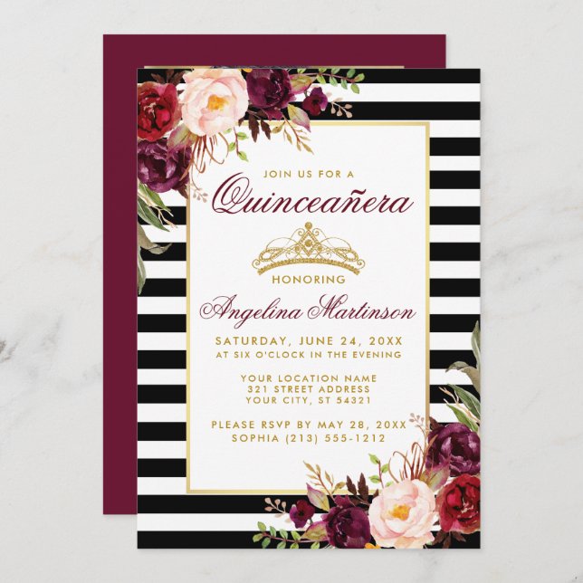 Invitación Floral borgoñona Quinceanera Crown Strips Foto (Anverso / Reverso)