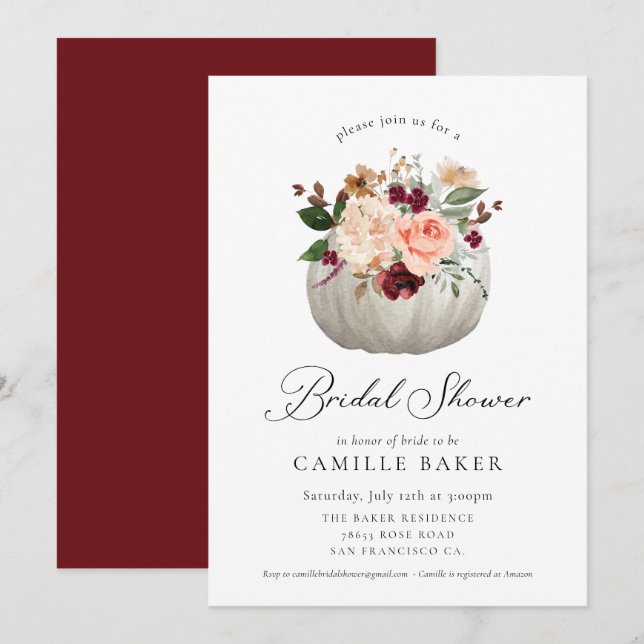 Invitación Floral borgoñona y ducha de novia de calabaza (Anverso / Reverso)