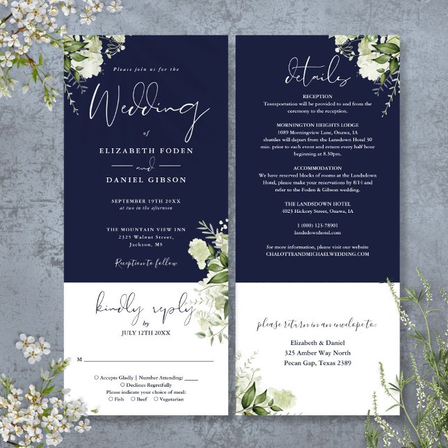 Invitación Floral Botánica Azul De La Marina En Un Boda (Navy Blue Botanical Floral All In One Wedding Invitation)
