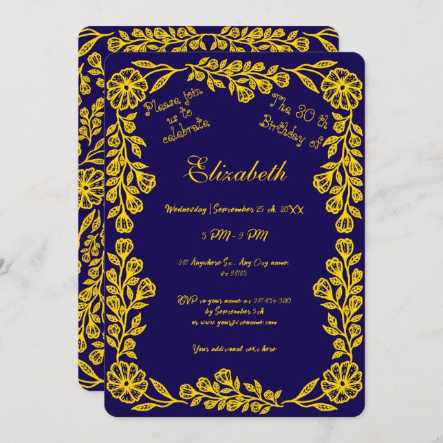 Invitación Floral Botánica Azul Oscuro y Oro 30 cumpleaños (Anverso / Reverso)