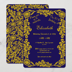Invitación Floral Botánica Azul Oscuro y Oro 30 cumpleaños
