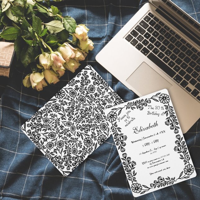 Invitación Floral Botánica Blanca y Negra 30 cumpleaños (Subido por el creador)