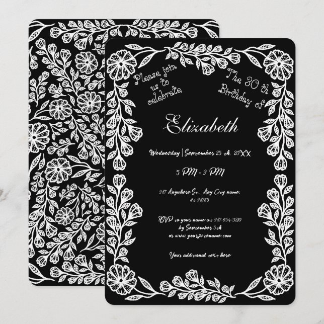 Invitación Floral Botánica Blanca y Negra 30 cumpleaños (Anverso / Reverso)
