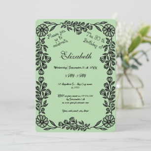 Invitación Floral Botánica de color verde pálido y negro 30 c