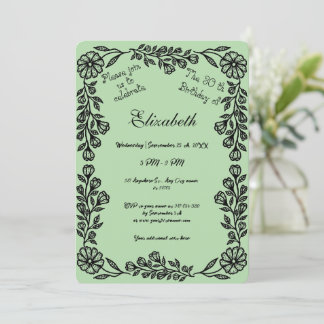 Invitación Floral Botánica de color verde pálido y negro 30 c
