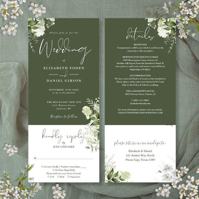 Invitación Floral Botánica De Oliva Verde Todo En Un Boda (Olive Green Botanical Floral All In One Wedding Invitation)
