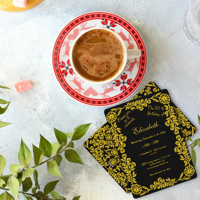 Invitación Floral Botánica Negra y Oro 30 cumpleaños (Subido por el creador)