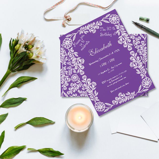 Invitación Floral Botánica Púrpura y Blanca 30 cumpleaños (Subido por el creador)