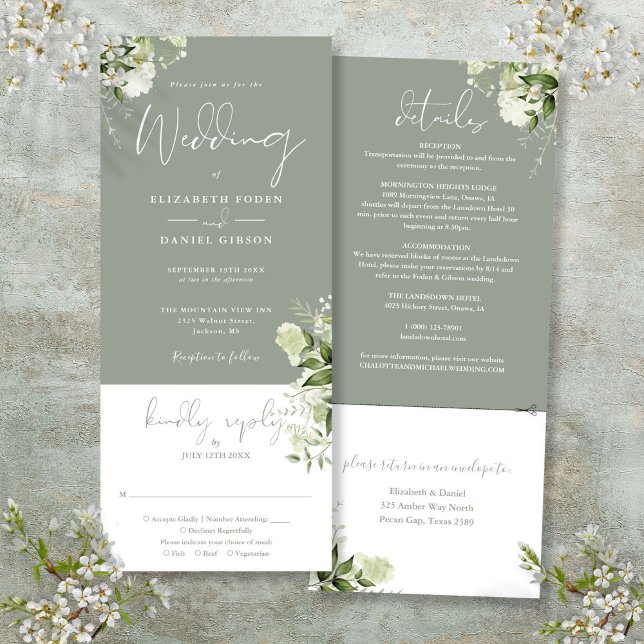 Invitación Floral Botánica Verde Masaje Todo En Un Boda (Sage Green Botanical Floral All In One Wedding Invitation)