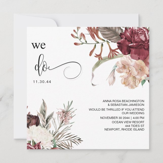 Invitación *~* Floral Bouquet AR15 QR RSVP BURGANDY BODA (Anverso)