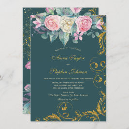 Invitación Floral Bouquet con Faux Gold Purpurina Swirls