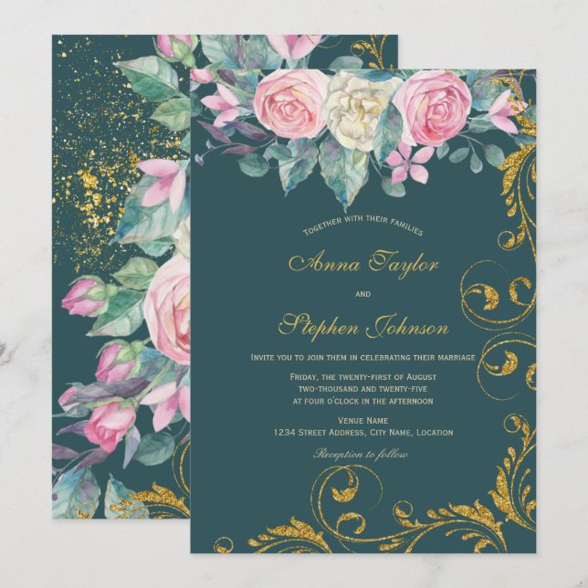 Invitación Floral Bouquet con Faux Gold Purpurina Swirls (Anverso / Reverso)