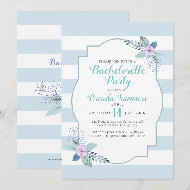 Invitación Floral Bouquet Pastel Stripes Bachelorette Invitac (Anverso / Reverso)