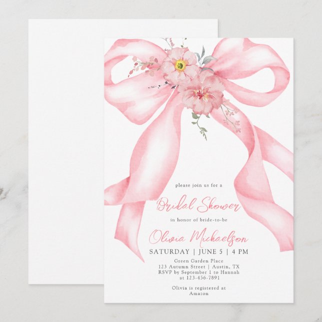 Invitación Floral Bow Cinta rosa Boho Coquette Bridal Shower (Anverso / Reverso)